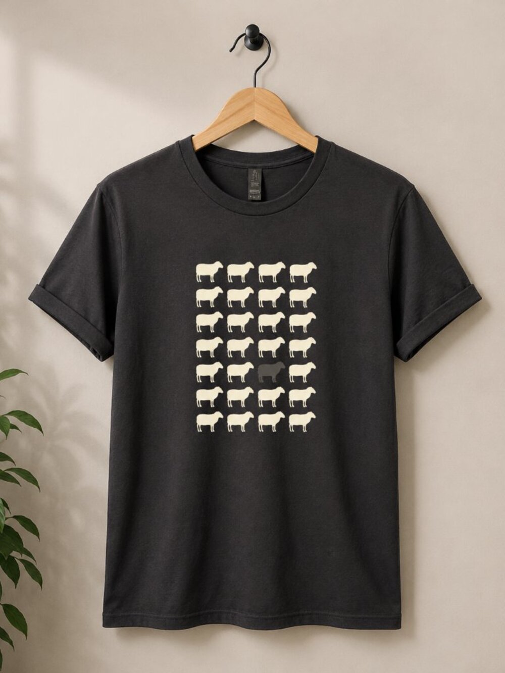 Black Graphic Tee with White Sheep Pattern size M - Gildan softstyle